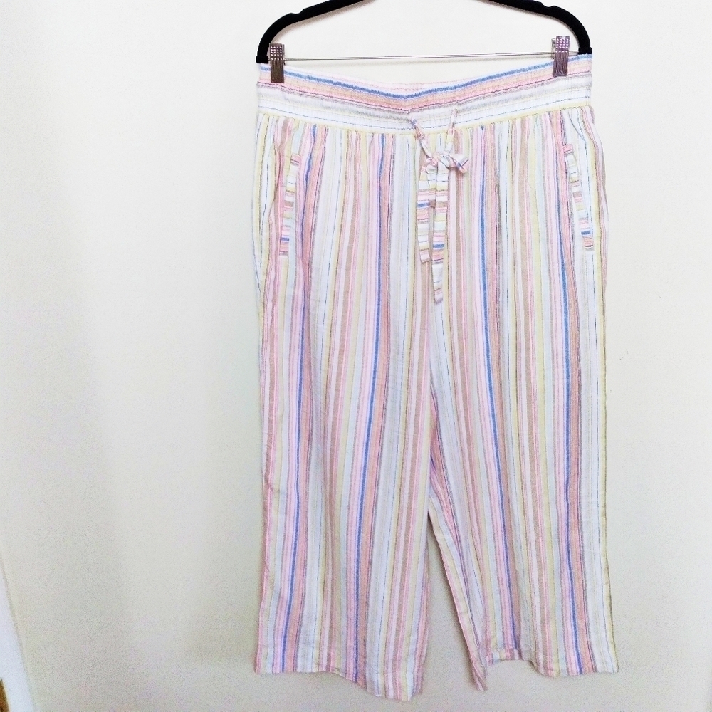 Sharagano Pastel Striped Linen Blend Wide Leg Drawstring Waist Pants